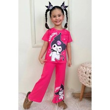 Pjkbp Kuromi Desenli Fuşya Bol Paça Kız Çocuk Kısa Kol Takım 3-10 Yaş 7618-F