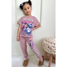Pjkke Stitch Desenli Gül Kurusu Eşofmanlı Kız Çocuk Kısa Kol Takım 3-10 Yaş 7451-GK