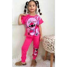 Pjkke Stitch Desenli Fuşya Eşofmanlı Kız Çocuk Kısa Kol Takım 3-10 Yaş 7434-F
