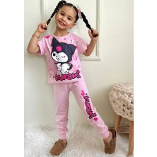 Pjkke Kuromi Desenli Pembe Eşofmanlı Kız Çocuk Kısa Kol Takım 3-10 Yaş 7456-P