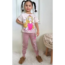 Pjkke Barbie Desenli Gül Kurusu Eşofmanlı Kız Çocuk Kısa Kol Takım 3-10 Yaş 7494-GK
