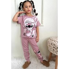 Pjkke Stitch Desenli Gül Kurusu Eşofmanlı Kız Çocuk Kısa Kol Takım 3-10 Yaş 7434-GK