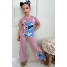Pjkbp Stitch Desenli Gül Kurusu Bol Paça Kız Çocuk Kısa Kol Takım 3-10 Yaş 7617-GK
