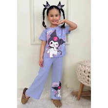 Pjkbp Kuromi Desenli Lila Bol Paça Kız Çocuk Kısa Kol Takım 3-10 Yaş 7618-L