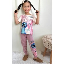 Pjkke Stitch Desenli Gül Kurusu Eşofmanlı Kız Çocuk Kısa Kol Takım 3-10 Yaş 7435-GK