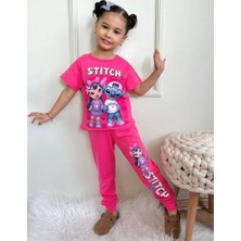 Pjkke Stitch Desenli Fuşya Eşofmanlı Kız Çocuk Kısa Kol Takım 3-10 Yaş 7451-F