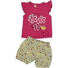 Taşlı Çiçekli Şortlu Kız Bebek Takım Fuşya 9-24 Ay 25149-F