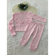%100 Pamuk Pembe Fiyonklu Fırfırlı Bandanalı Kız Takım 6-9-12-18 Ay 32213-P