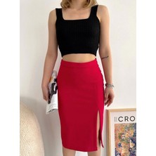 Yırtmaçlı Esnek Kumaş Midi Boy Etek Koyu Kırmızı