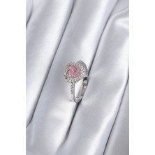 Skygo Pirinç Gümüş Renk Pembe Zirkon Taş Kalp Charm Model Kadın Yüzük - TJ-BYK2859