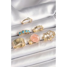 Skygo Pirinç Gold Renk Daire Pembe Mineli Zirkon Taş Detaylı 6'Lı Kadın Yüzük Seti - TJ-BYK3610