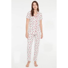 Mod Collection Kadın Çilek Desenli Boydan Patlı Pijama Takımı Gri