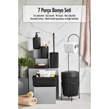 7 Parça Siyah Banyo Seti Metal Stantlı Kovalı Wc Kağıtlık Kozmetik Kutusu Diş Fırçalık ve Sabunlukla