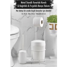 Depa Metal Standlı Yuvarlak Kovalı & Kağıtlıklı & Fırçalıklı Beyaz Banyo Takımı