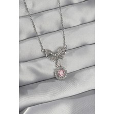 Sinerji Shop 316L Çelik Gümüş Renk Fiyonk Detay Pembe Zirkon Taşlı Tektaş Kolye - TJ-BKO8923