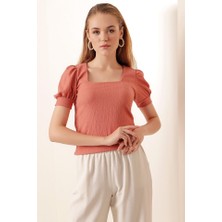 Tiana 0409 Kare Yaka Örme Bluz - Gül Kurusu