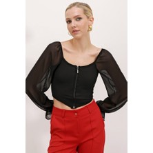 Tiana Siyah Şifon Önü Fermuarlı Bluz 0496