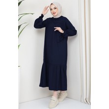 Robalı Kol Ucu Bağlamalı Elbise Lacivert HM2081