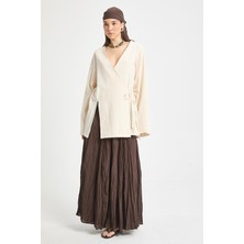 Ekru Yırtmaç Detaylı Bağlamalı Uzun %100 Pamuk Kimono 29211