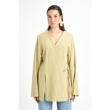 Yağ Yeşili Yırtmaç Detaylı Bağlamalı Uzun %100 Pamuk Kimono 29211