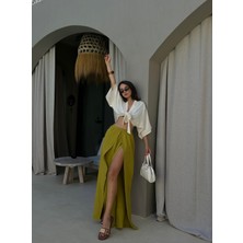 Yağ Yeşili Yırtmaç Detaylı Müslin Pantolon 29231