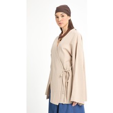 Bej Yırtmaç Detaylı Bağlamalı Uzun %100 Pamuk Kimono 29211