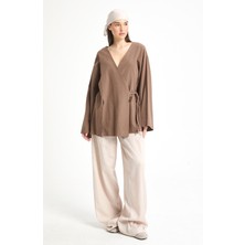 Kahve Yırtmaç Detaylı Bağlamalı Uzun %100 Pamuk Kimono 29211