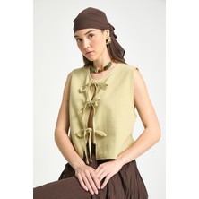 Yağ Yeşili Bağcıklı Kısa %100 Pamuk Yelek 29204