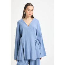 Indigo Yırtmaç Detaylı Bağlamalı Uzun %100 Pamuk Kimono 29211