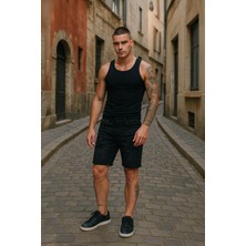 Blue White Erkek Boyalı Yırtık Jean Şort Siyah