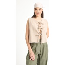 Bej Bağcıklı Kısa %100 Pamuk Yelek 29204