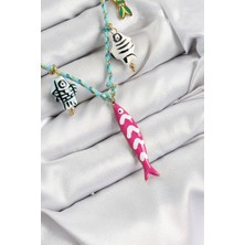 Seramik Motifli Pembe Balık Figürlü Model Mavi Ip Kadın Kolye