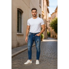 Blue White Erkek Skinny Ripped Patch Detaylı Jean Koyu Mavi