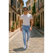 Blue White Erkek Skinny Fermuarlı Paça Detaylı Jean Açık Mavi