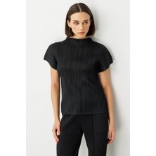 Ekol Akordiyon Kumaş Dik Yaka Bluz Siyah 03908