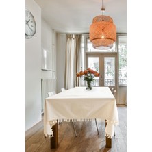 Ham Keten Krem Ponponlu Masa Örtüsü