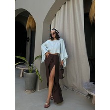 Kahve Yırtmaç Detaylı Müslin Pantolon 29231