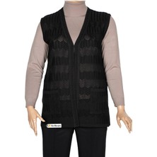 Hesna Kadın Gökçe Triko Ajurlu Boncuklu Cepli Siyah Yelek