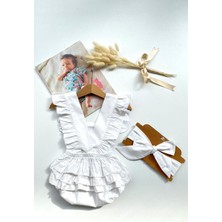 Parla Kids Kız Bebek Beyaz Pamuklu Salopet Bandana Takım