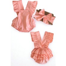 Parla Kids Kız Bebek Somon Pamuklu Salopet Bandana Takım