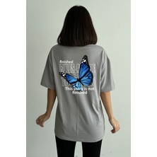 Kadın Büyük Kelebek Baskılı Bisiklet Yaka Oversize T-Shirt
