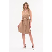 Apsen Kadın Camel Bağlama Detaylı V Yaka Düğmeli Kolsuz Elbise 4320-95