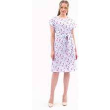 Apsen Kadın Mavi Kuşaklı Bisiklet Yaka Düşük Omuz Midi Elbise 4443-105