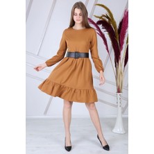 Apsen Kadın Taba Eteği Fırfırlı Bisiklet Yaka Kemer Detaylı Elbise 4345-100