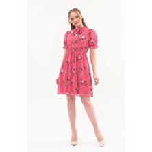 Apsen Kadın Çiçek Desenli Bağlamalı Yaka Diz Üstü şifon Elbise 4438-100