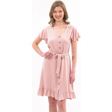 Apsen Kadın Renk Bej Kolu Volanlı Düğme detaylı Yazlık Kısa Elbise 4217-95