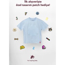 Jantifox Unisex, 100% Koton, Çocuk, Oversize, Janti Fox Patchleriyle Tasarlanabilir Mavi T-Shirt