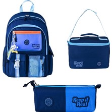 Muggle 3 Bölmeli Deep Blue Okul Sırt Çantası + Beslenme Çantası + Kalemlik