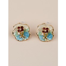 Bellanira Bordo Çiçek Motifli Mineli Incili Vintage Sanat Kadın Küpe