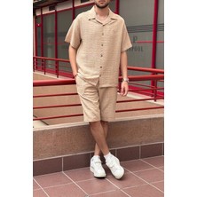 Erkek, gofreli kumaş, yazlık, geniş kalıp, Keten Karışımlı, Gömlek-Şort takım 297-G13